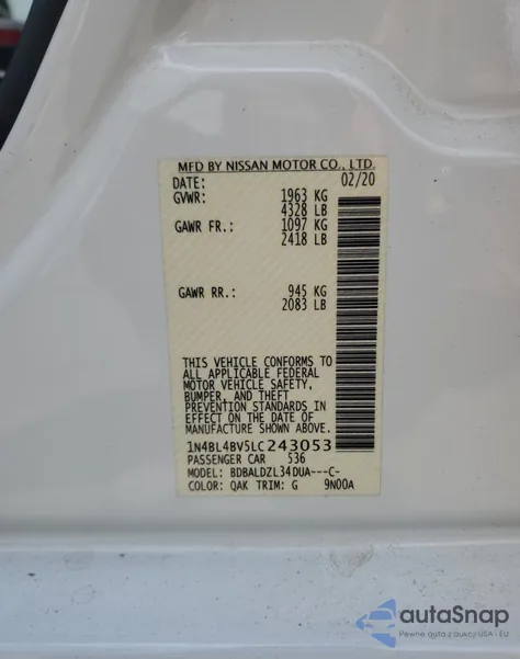 2020 Nissan Altima S from USA, damaged, VIN 1N4BL4BV5LC243053